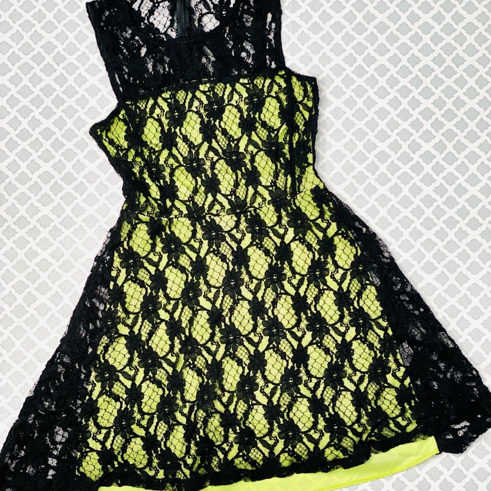 Hello Miss Black Lace Dress with Lime Green Lining